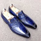 Handmade Men's Leather Stylish Blue Fashion Classic Loafers Slip Ons Shoes-1046