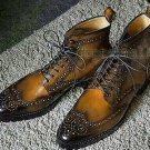 Handmade Men's Leather Fashion Ankle High Brown Wingtip Brogue Lace Up Boots-644