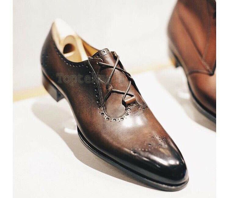 Handmade Men's Leather Oxford Wingtip Two Tone Patina Dress Formal Shoes-28