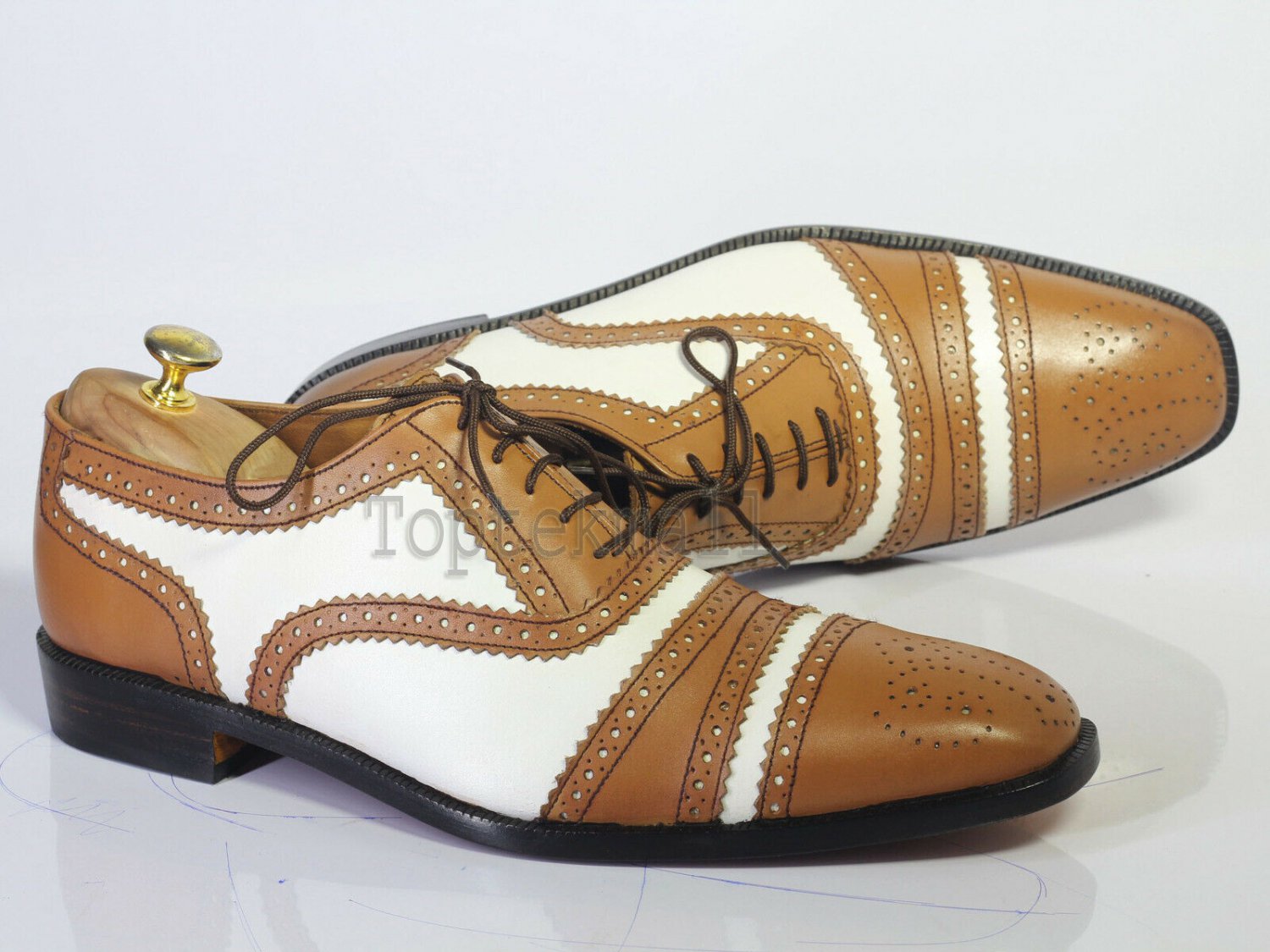 Handmade Men&acirc;��s Leather Oxfords Wingtip Brown White Cap Toe Brogue Shoes-286