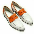 Handmade Men's Leather Moccasin Loafer Slip Ons Two Tone White Orange Shoes-671