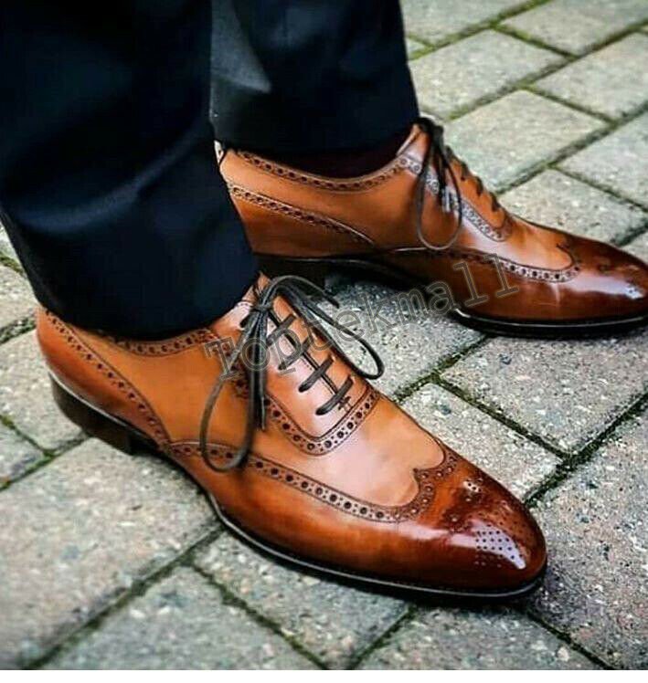 Handmade Men's Leather Oxford  Multi Color Wing Tip Burnished Stylish Shoes-800
