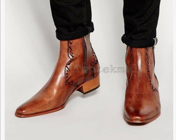 Handmade Men's Leather Tan Unique Chelsea Ankle Dress Formal Casual Boots-559
