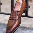 Handmade Men's Leather Dress Brown Burnished Loafers Slip Ons Stylish Shoes-430