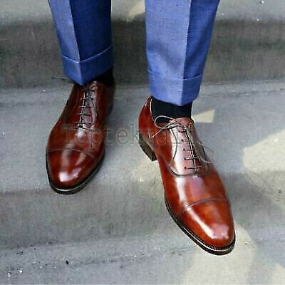 Handmade Men's Leather Oxfords Brown Formal Simple Dress Wingtip Shoes-345
