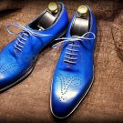 Handmade Men's Leather Oxfords Wingtip Blue Color Derby Brogue Formal Shoes-97