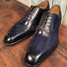 Handmade Men's Leather New Oxfords Wingtip Black Purple Premium Patina Shoes-328