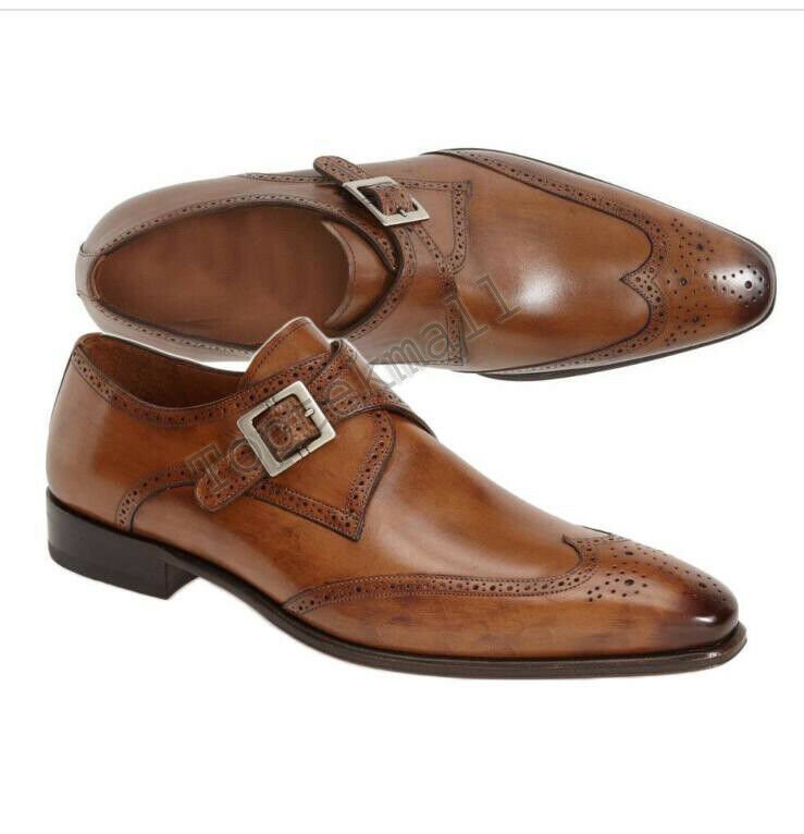 Handmade Men's Leather Dark Brown Brogue Formal Single Monk Strap Dress Shoes-81