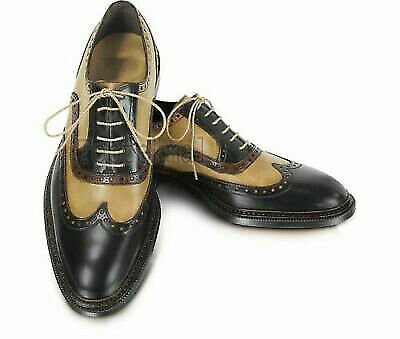 Handmade Men's Leather Black Beige & Brown Oxford Brogue Dress Wingtip Shoes-959