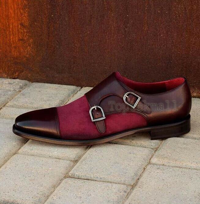 Handmade Men's Leather & suede Double Monk Straps New Fashion Formal Shoes-513