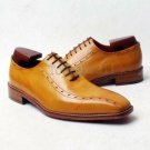Handmade Men's Leather Oxfords Burnished Tan Medallion Toe Party Wear Shoes-844