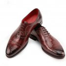 Handmade Men's Leather Oxfords Maroon Medallion Cap Toe Premium Shoes-696