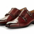 Handmade Men's Leather Two Tone Maroon Toe Cap Double Monk Straps New Shoes-755