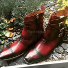 Handmade Men's Leather Maroon Two Tone Cap Toe Patina High Ankle Boots-627