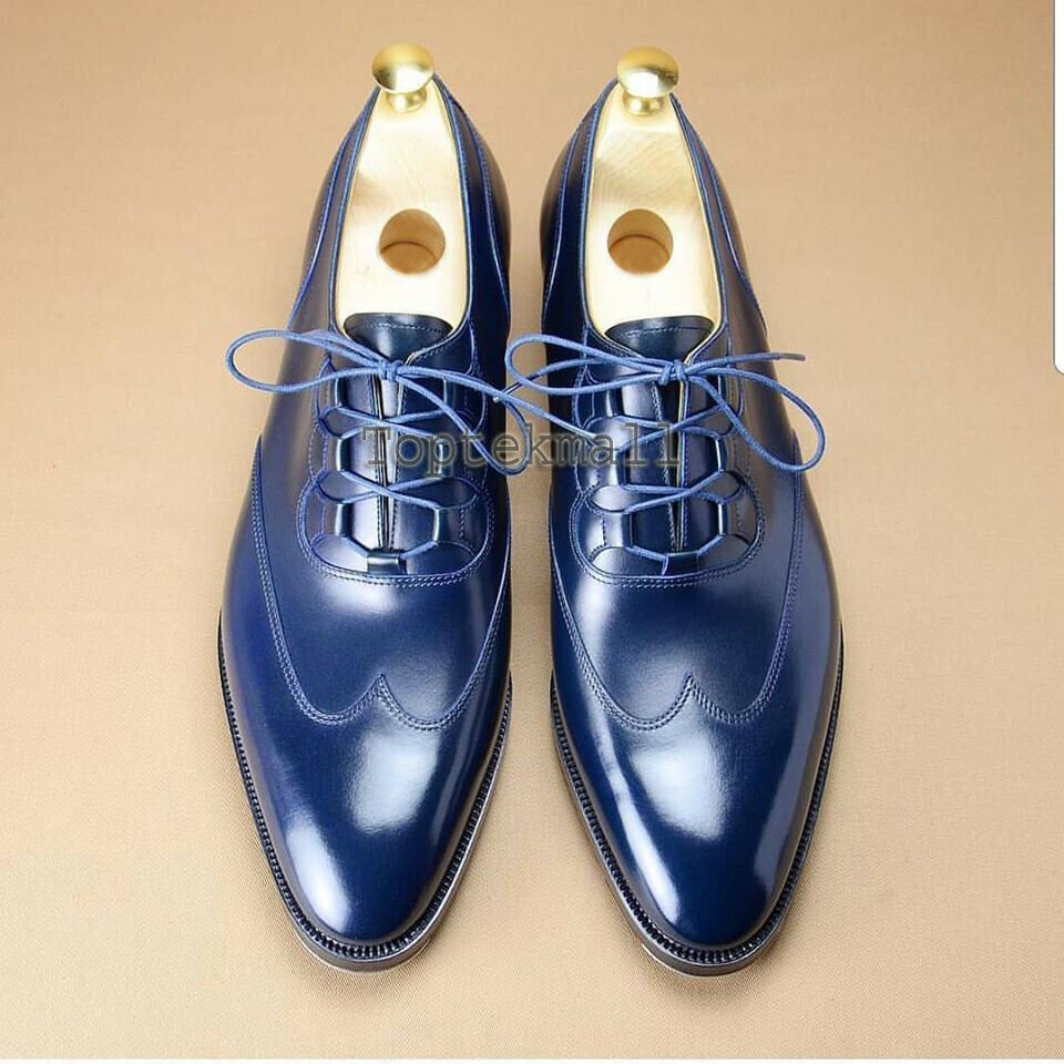Handmade Men's Leather Oxfords Wingtip Rounded Plain Toe Blue Stylish Shoes-809