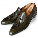 Handmade Men's Leather Green Tussles Loafers and Slip Ons Stylish Shoes-441