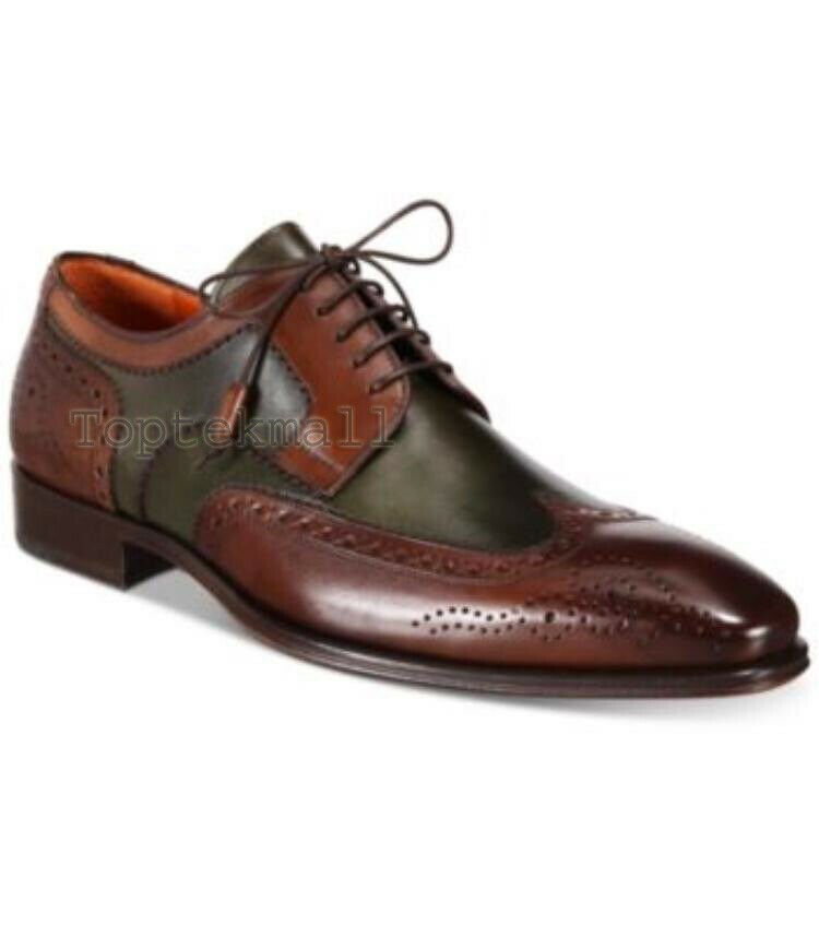 Handmade Men's Leather Oxfords Two Tone Brown Green Fashion Classic Shoes-977