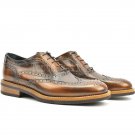 Handmade Men's Leather Tan Patina Wingtips Oxfords Brogues custom shoes-971