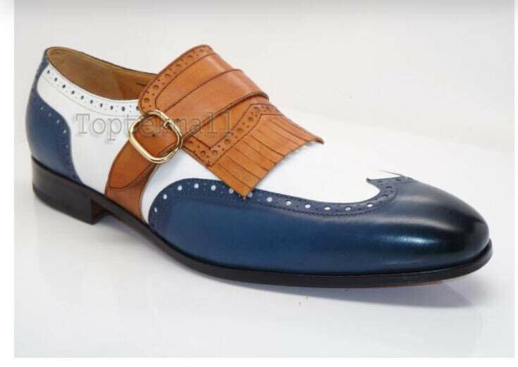 Handmade Men's Leather Single Monk Strap Multi Colored Formal Stylish Shoes-916