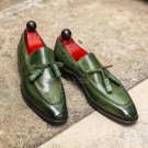 Handmade Men's Leather Loafers & slip Ons Tussle Dress Formal Green Shoes-487