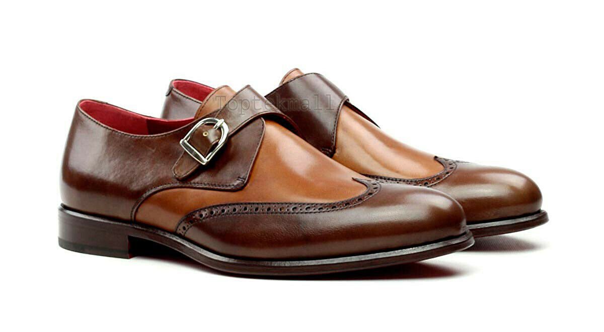 Handmade Men's Leather Brown Monk Single Buckle Straps Super Classic Shoes-488