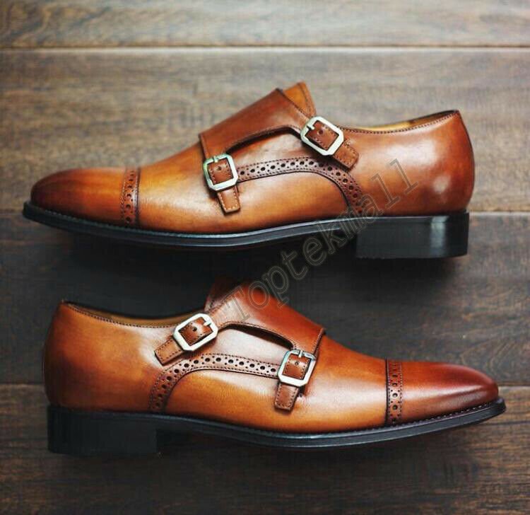 Handmade Men's Leather Double Monk Strap Stylish Brogue Brown Burnish Shoes-731