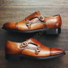 Handmade Men's Leather Double Monk Strap Stylish Brogue Brown Burnish Shoes-731