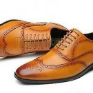 Handmade Men's Leather Oxfords Tan Color Wing Tip Brogues Toe shoes-871