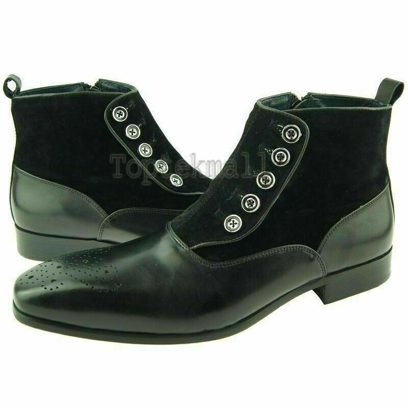 Handmade Men's Leather Button Up Zip Black Leather & Suede Fashion Boots-601