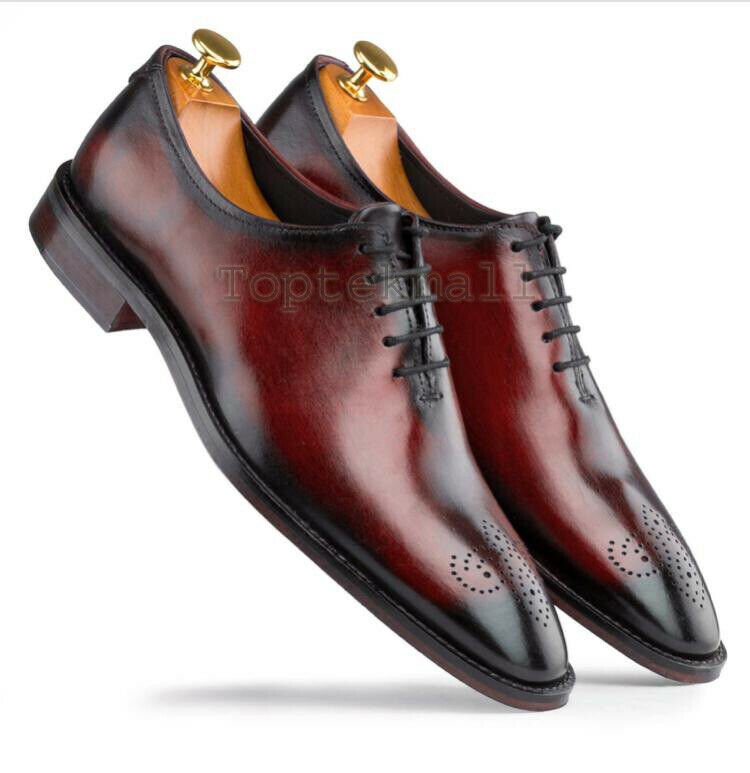 Handmade Men's Leather Oxfords Maroon Wingtip Burnished Formal Stylish Shoes-857