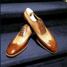 Handmade Men's Leather Oxfords Beige Brown Stylish Wingtip Office Shoes-659