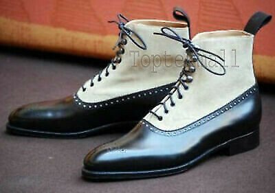 Handmade Men's Leather PURE DENIM BLACK & WHITE TWO TONE FORMAL Boots-646