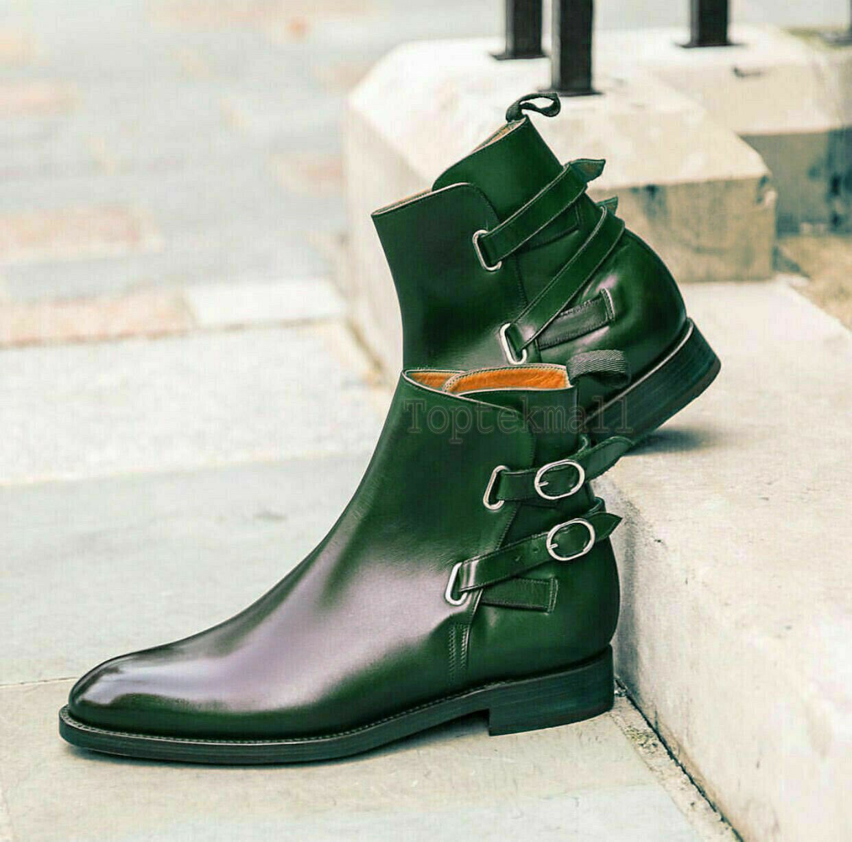 Handmade Men's Leather Green Burnished Toe High Ankle Rounded Double Boots-576