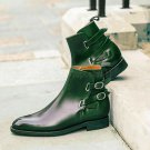 Handmade Men's Leather Green Burnished Toe High Ankle Rounded Double Boots-576
