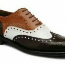 Handmade Men's Leather Oxford Brown White Black Brogue Triple Tone Shoes-808