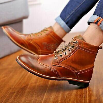 Handmade Men's Leather TAN ANKLE WINGTIP MARCHING MILITARY Stylish Boots-637