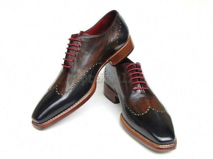 Handmade Men&acirc;��s Leather Oxfords Wingtip Black Brown Contrast Brogue Shoes-182