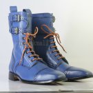 Handmade Men's Leather Blue Color Monk New Stylish Ankle High Stylish Boots-539