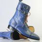 Handmade Men's Leather Blue Color Monk New Stylish Ankle High Stylish Boots-539