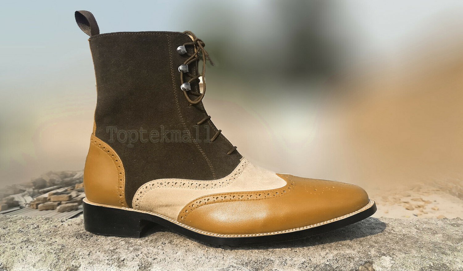 Handmade Men's Leather High Ankle Multi Color Wing Tip Brogues Party Boots-581