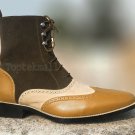 Handmade Men's Leather High Ankle Multi Color Wing Tip Brogues Party Boots-581