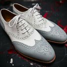 Handmade Men's Leather Oxfords White Gray Oxford Medallion Toe Party Shoes-737