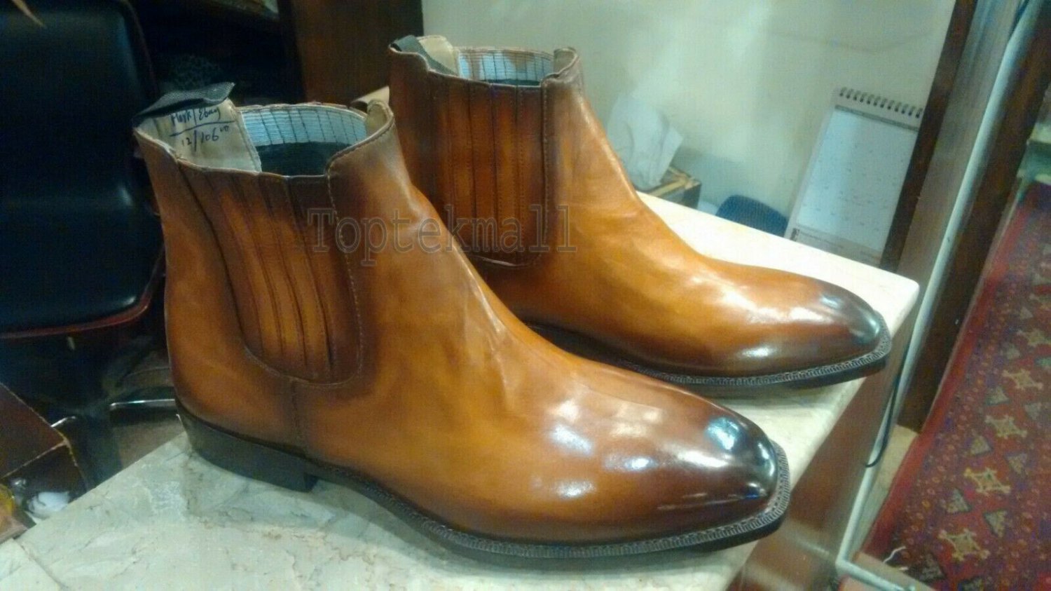 Handmade Men's Leather New Stylish Cognac Patina Ankle High Chelsea Boots-979