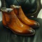 Handmade Men's Leather New Stylish Cognac Patina Ankle High Chelsea Boots-979
