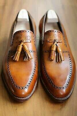 Handmade Men's Leather Superb Brogues Tassels Loafers Slip Ons Dress Shoes-324