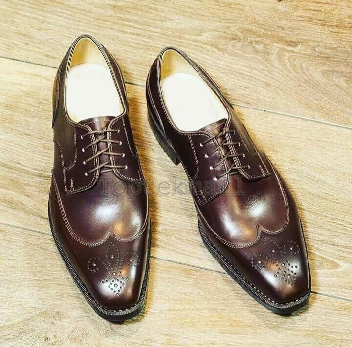 Handmade Men's Leather Oxfords Wingtip Vintage Burnished Brown Lace Up Shoes-403