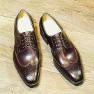 Handmade Men's Leather Oxfords Wingtip Vintage Burnished Brown Lace Up Shoes-403