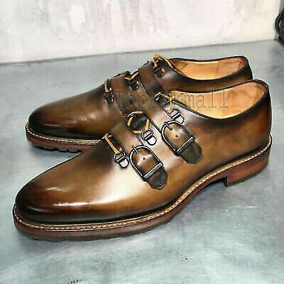 Handmade Men's Leather Brown Shaded Double Monk Straps Dress Stylish Shoes-638