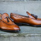 Handmade Men's Leather Brown Loafers Slip Ons Tassels Stylish Luxury Shoes-664