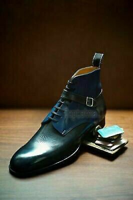 Handmade Men's Leather Black & Blue Jodhpurs Double Strap Ankle Boots-600